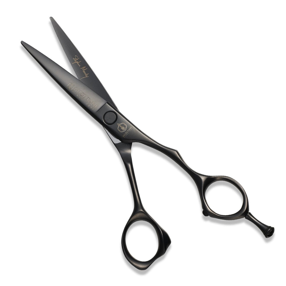 Detailed view of the Mizutani ACRO Stephen Moody scissors, emphasizing the sharp, durable blades and stylish design.