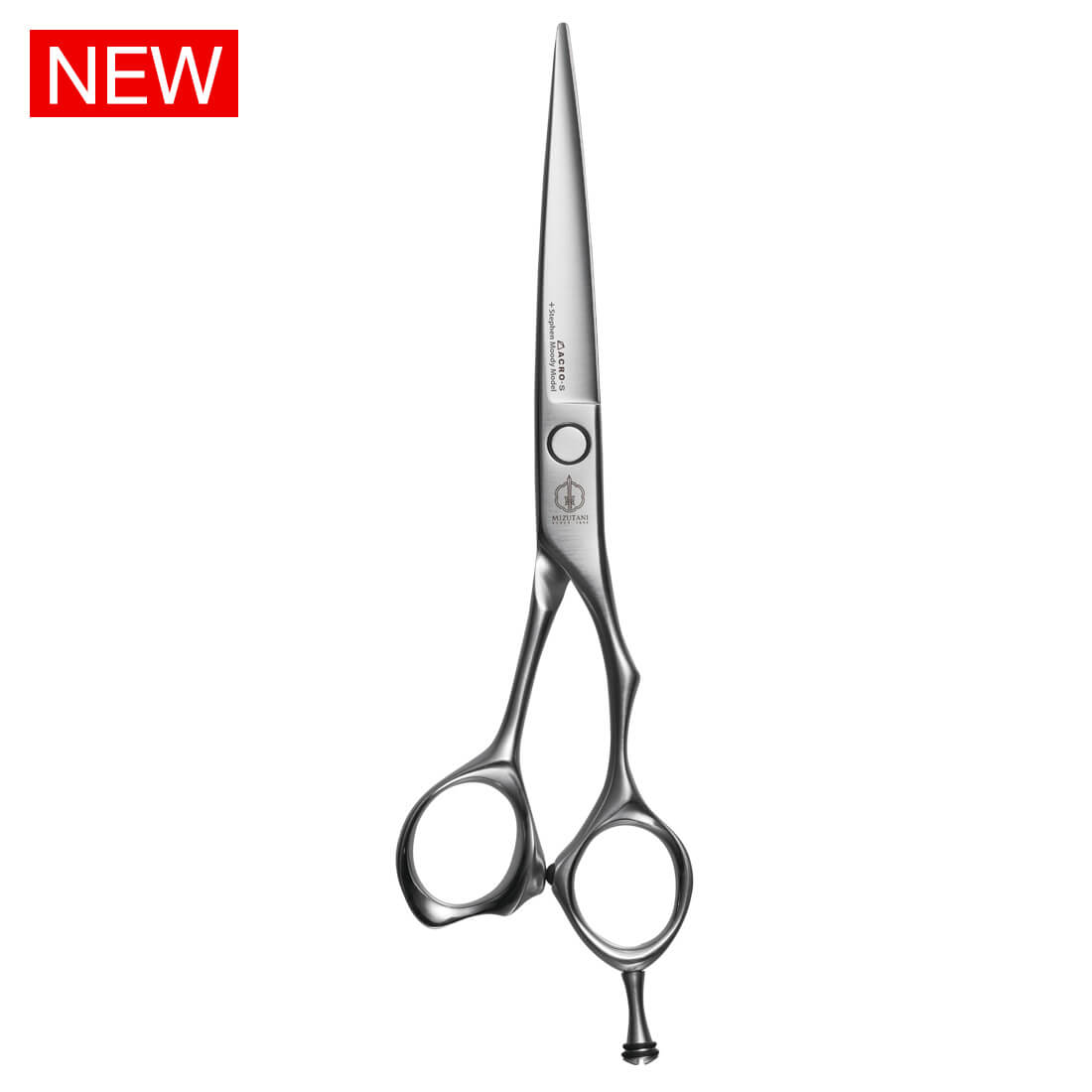 Close-up of Mizutani ACRO Stephen Moody scissors in matte grey, focusing on the ergonomic handles and blade design
