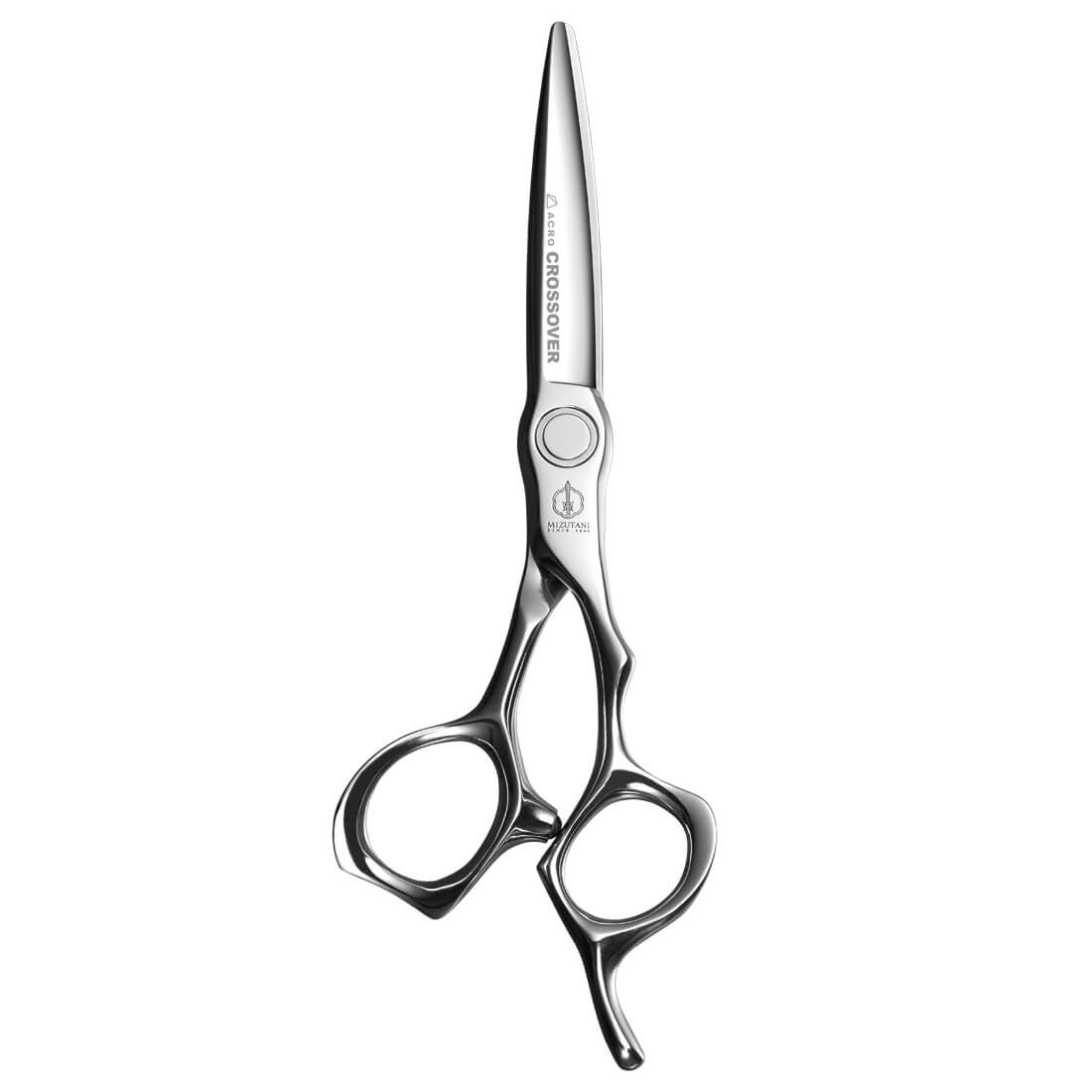 Close-up of Mizutani ACRO Crossover CR-1 scissors, showcasing the ergonomic design and Nano Powder Metal blades for precise cutting.