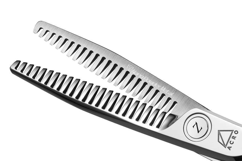 Close-up of the Mizutani Acro Type ZD-4 Dual scissors, showcasing its silver finish and dual teeth on both blades for texture and volume control.