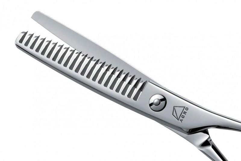 Side view of the Mizutani Acro Yuragi 4 thinning scissors, showing the polished silver finish and cutting ratio of 15-20% for gentle thinning.