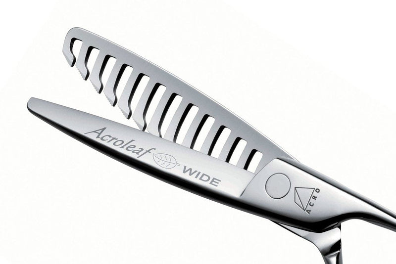 Side view of the Mizutani AcroLeaf Wide 50 thinning scissors in silver, demonstrating the wide teeth blades perfect for creating soft texture and volume control