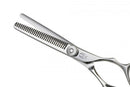 Close-up of the Mizutani Black-Smith Fit Thinning 30 Lefty scissors, highlighting the triangular finger hole design for enhanced comfort and stability during use