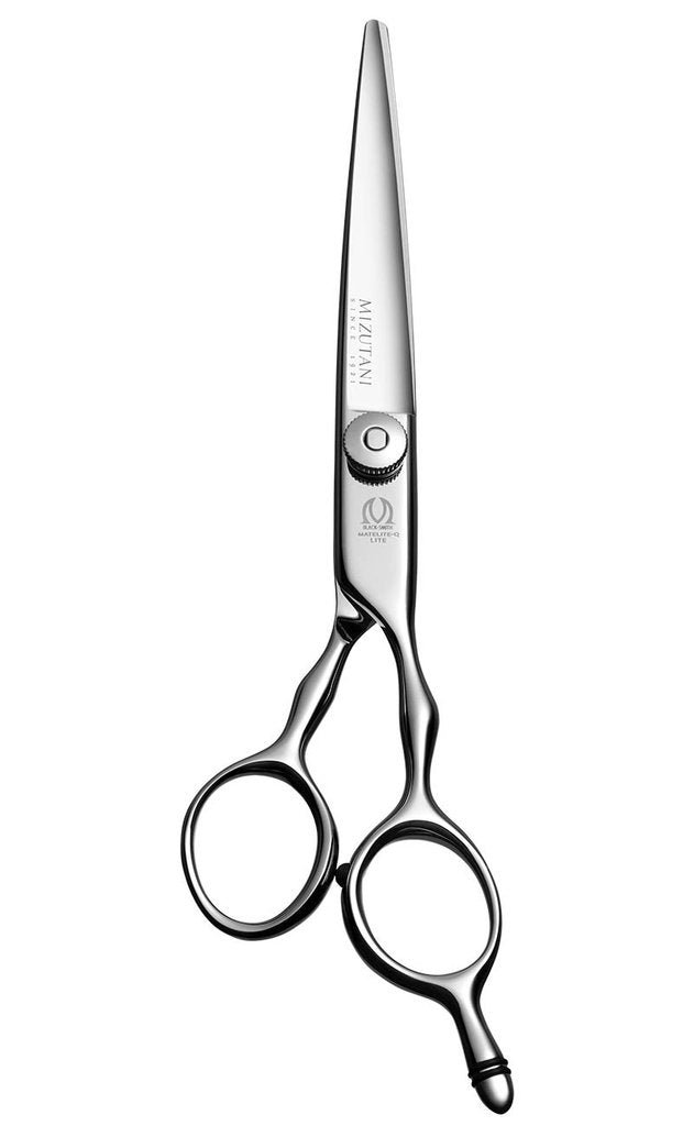 Mizutani BLACK-SMITH Matelite-Q Lite scissors in silver, showcasing the ergonomic design for comfort and ease of use during long styling sessions.