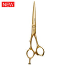 Close-up of the Mizutani Acro Stephen Moody Lefty scissors in satin gold, highlighting the sharp, finely crafted blades."