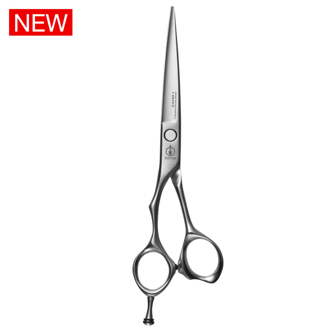 Mizutani Acro Stephen Moody Lefty scissors in matte grey, demonstrating the professional, high-quality finish and lightweight construction.