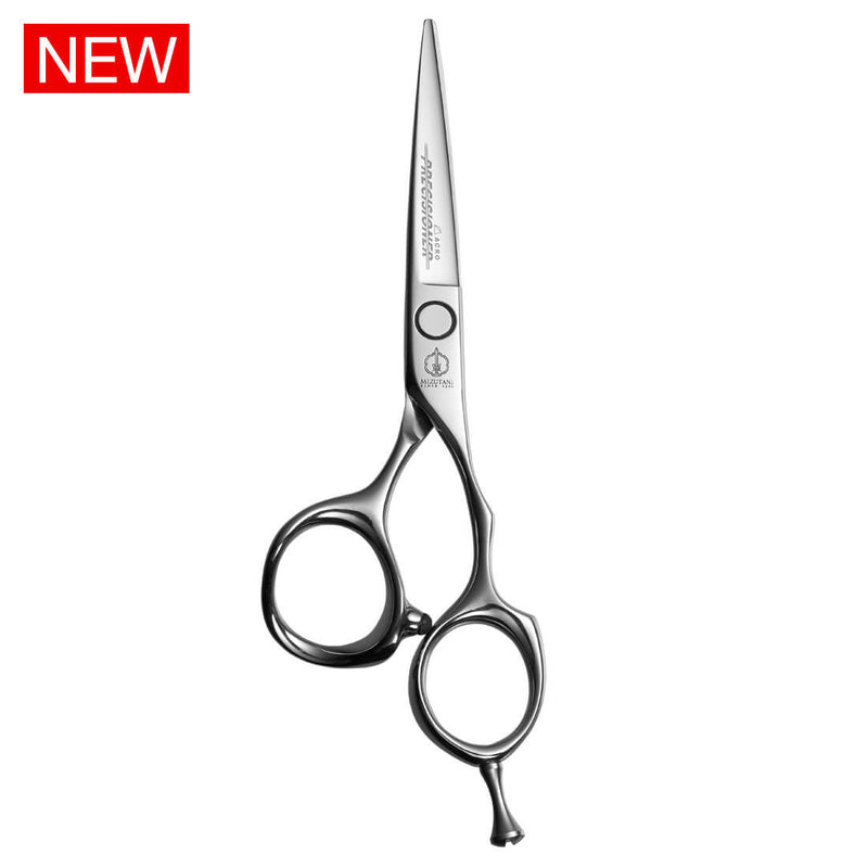 Close-up of the Mizutani Acro Precisioner scissors, showing its unique curved thumb-ring shape designed for optimal finger movement