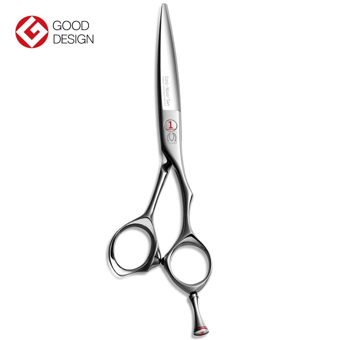 Close-up view of Mizutani Ichi-Nino-San #1 scissors, showcasing the slim blades and adjustable screw design.