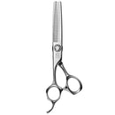 Mizutani Black-Smith Solid Thinning 30 Lefty scissors in silver, showcasing the G-SHIFT design that shifts the center of gravity closer to the hand for better balance and stability.