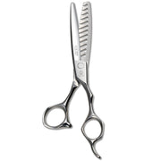 Mizutani Schorem Master 12 scissors in silver, designed for fade cuts and texturizing, with a unique leaf-shaped blade for natural, staggered texture effects.