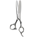 Mizutani Schorem Master 12 scissors in silver, designed for fade cuts and texturizing, with a unique leaf-shaped blade for natural, staggered texture effects.