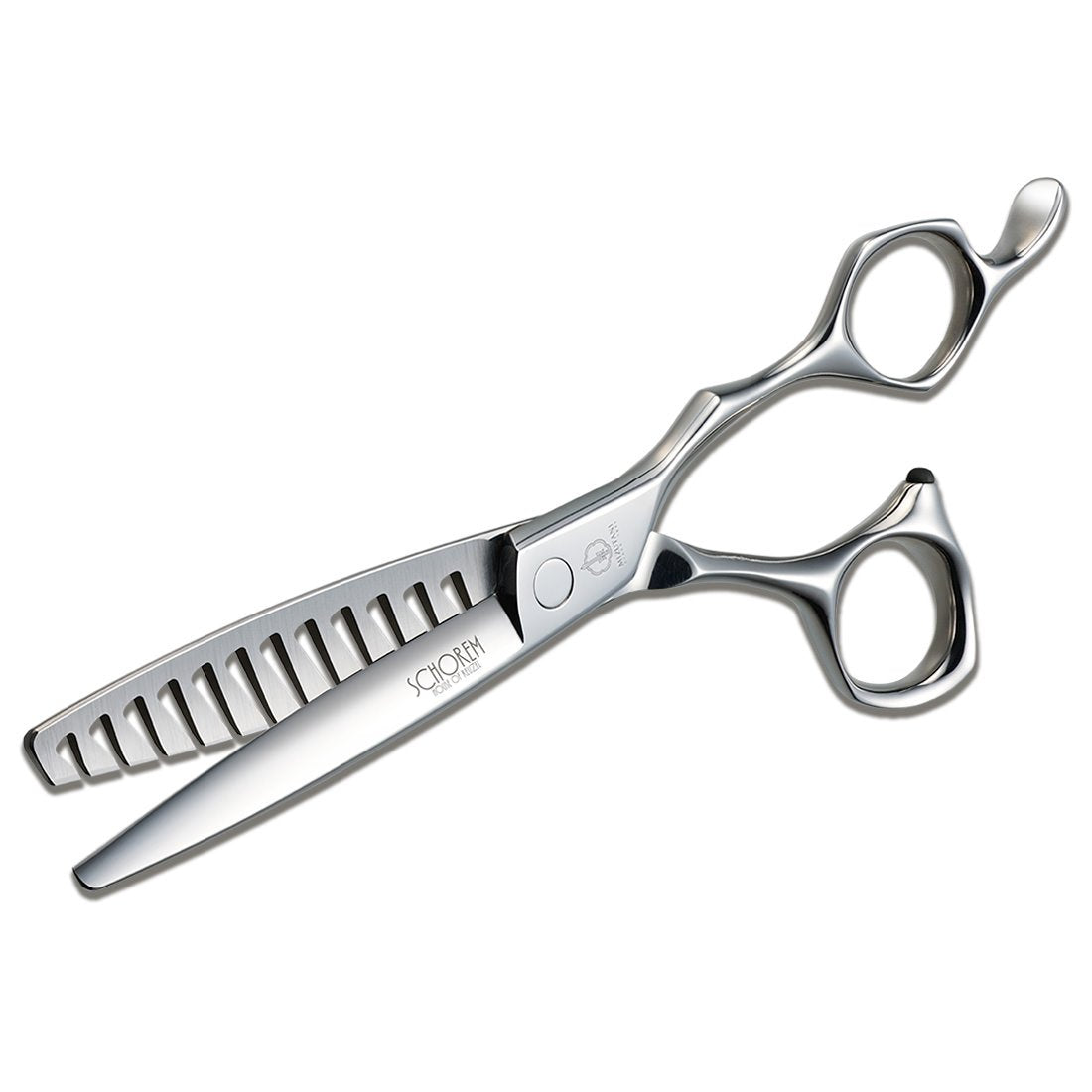 Close-up of the Mizutani Schorem Master 12 scissors, highlighting the custom blade shape and ergonomic handle, crafted in collaboration with renowned barbers Leen and Bertus