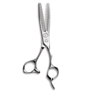 Mizutani Acro Type ZD-4 Dual scissors with off-set handles, demonstrating the ergonomic design for precision cutting and hair movement
