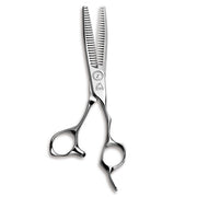 Mizutani Acro Type ZD-4 Dual scissors with off-set handles, demonstrating the ergonomic design for precision cutting and hair movement
