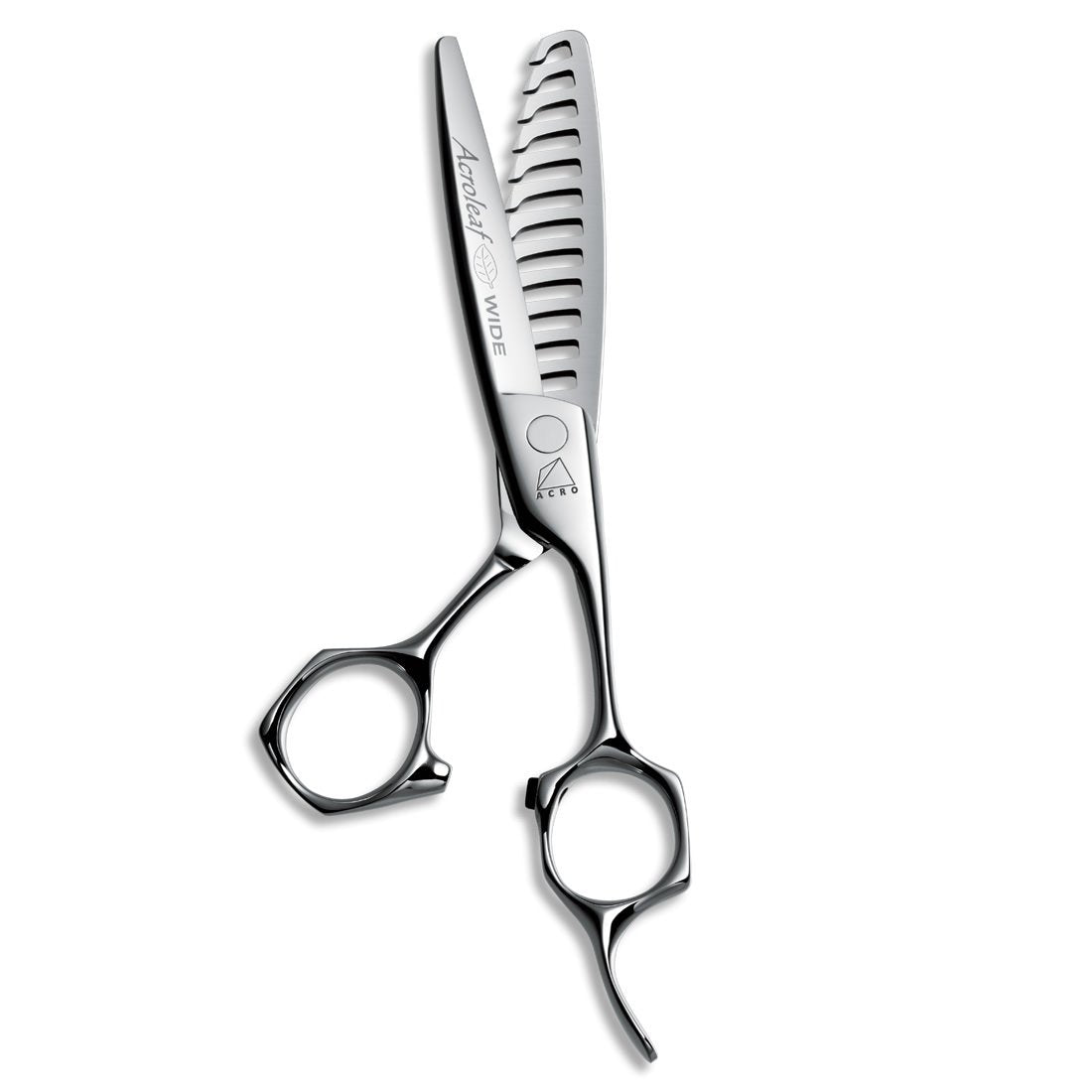 Mizutani AcroLeaf Wide 50 thinning scissors in silver, highlighting the 40-50% cut ratio for both texture and volume control in layered hairstyles