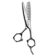 Mizutani AcroLeaf Wide 50 thinning scissors in silver, highlighting the 40-50% cut ratio for both texture and volume control in layered hairstyles