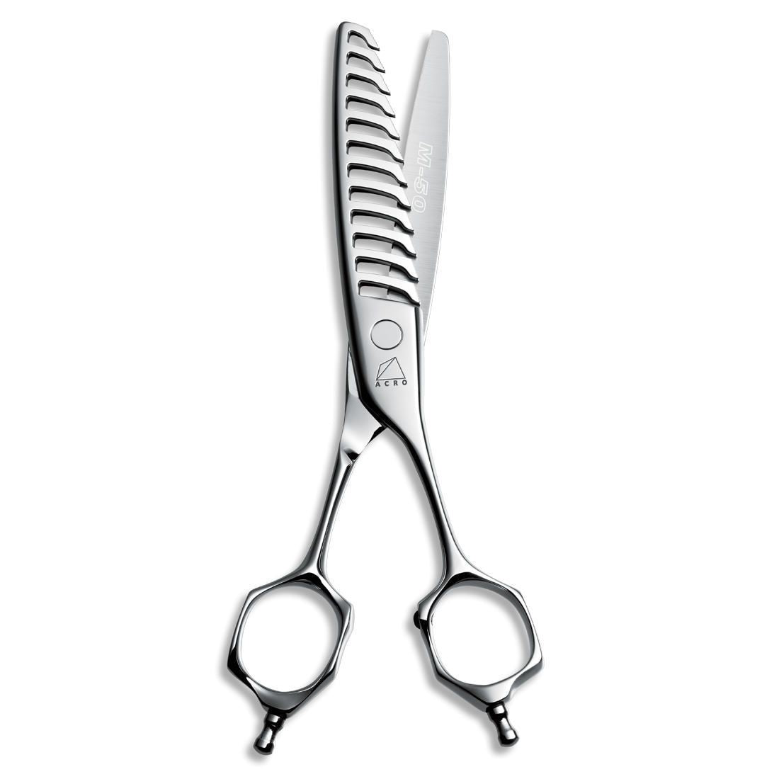 Close-up of the Mizutani AcroLeaf Wide 50 thinning scissors, showcasing the ergonomic K-Offset handle designed for optimal comfort and precision