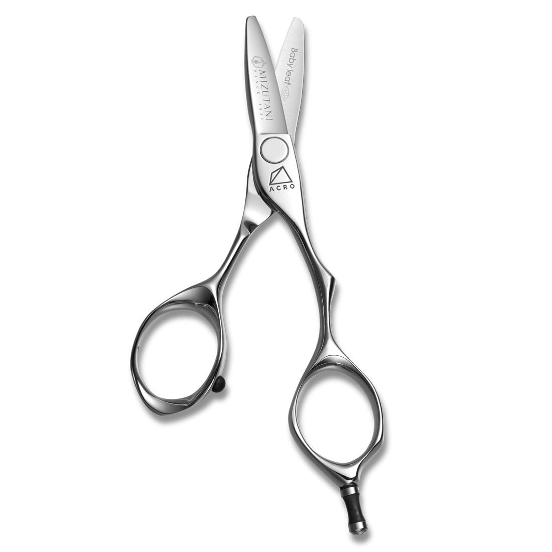 Close-up of Mizutani Acro Babyleaf scissors, showcasing its small, precision blades designed for slide cutting