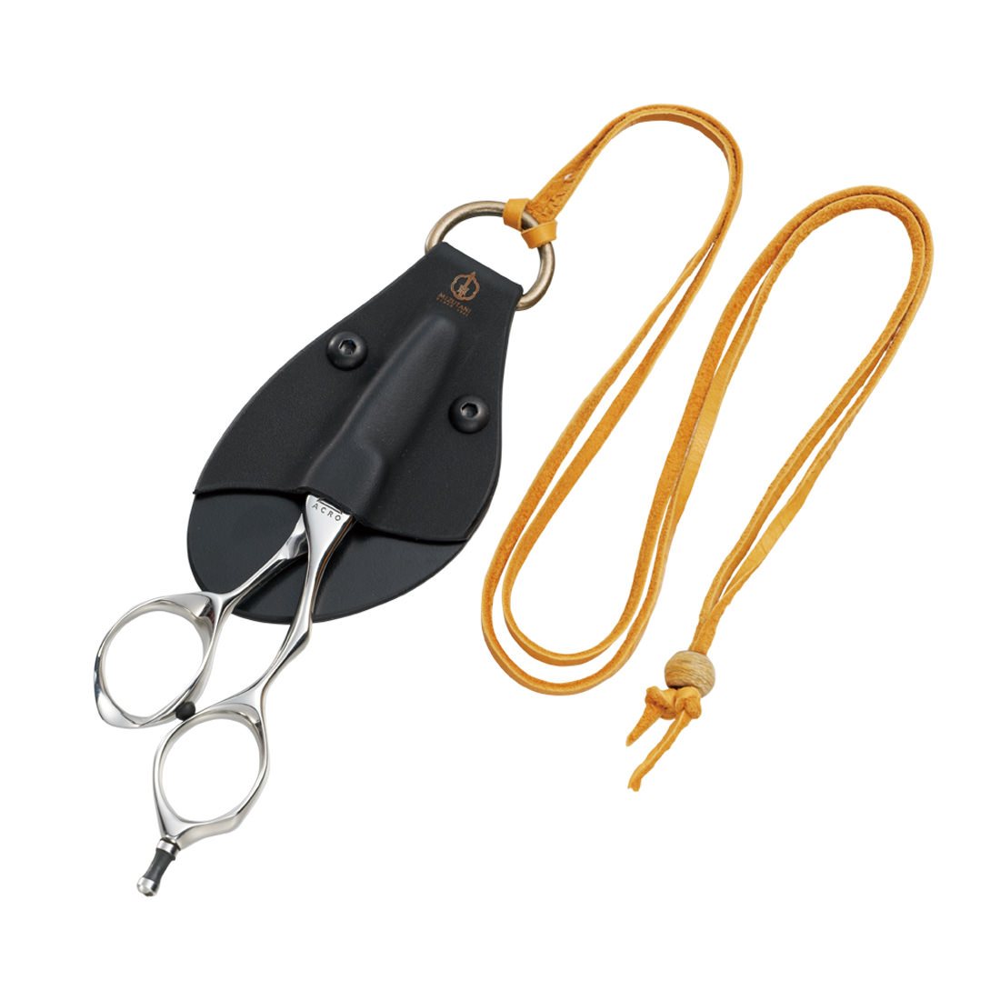 Mizutani Acro Babyleaf scissors inside a custom necklace-style case, emphasizing their compact size and premium design.