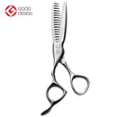 Mizutani Black-Smith Fit Puffin Thinning 17 Lefty scissors in silver, featuring 17 teeth for a cutting ratio of 20-30% and a durable matte black titanium finish.
