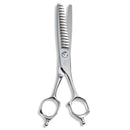 Close-up of the Mizutani Acro Yuragi 10 thinning scissors, highlighting the sharp teeth on the blades for subtle and soft texture control.