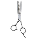 Mizutani Acro Yuragi 10 thinning scissors in silver, showcasing the 16-teeth blade design for creating smooth texture and blended effects