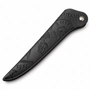 Mizutani Heritage Edition black embossed scissor sleeve, front view showing tonal pattern and snap closure