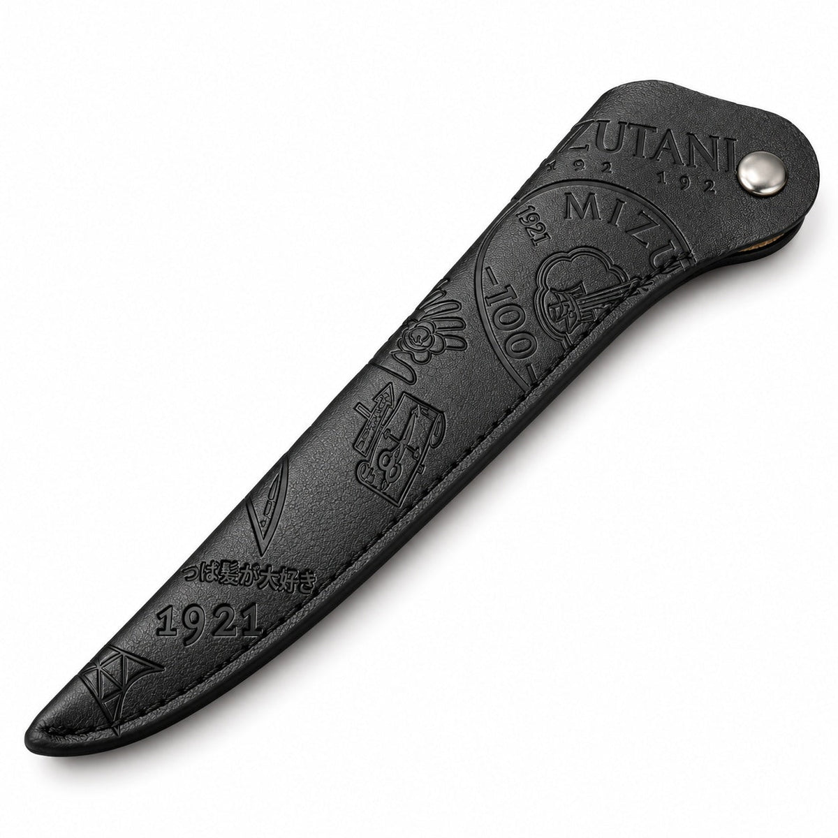 Mizutani Heritage Edition black embossed scissor sleeve, front view showing tonal pattern and snap closure