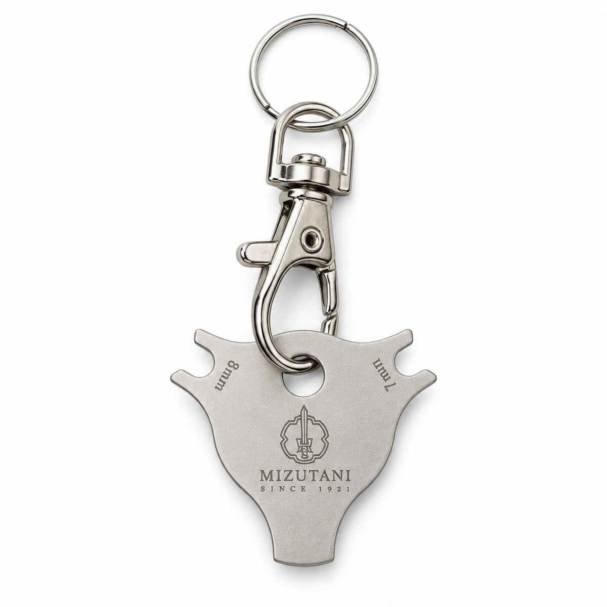 Mizutani scissors dial adjustment key with detachable swivel clasp and key ring, front view