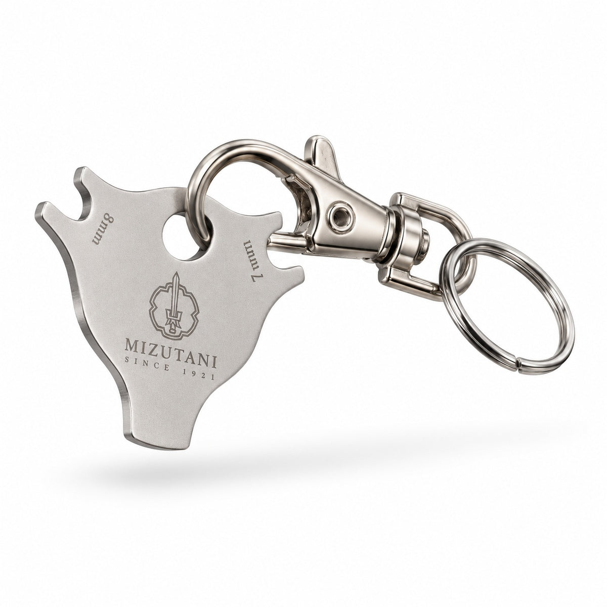 Mizutani scissors dial adjustment key with detachable swivel clasp and key ring, side detail view