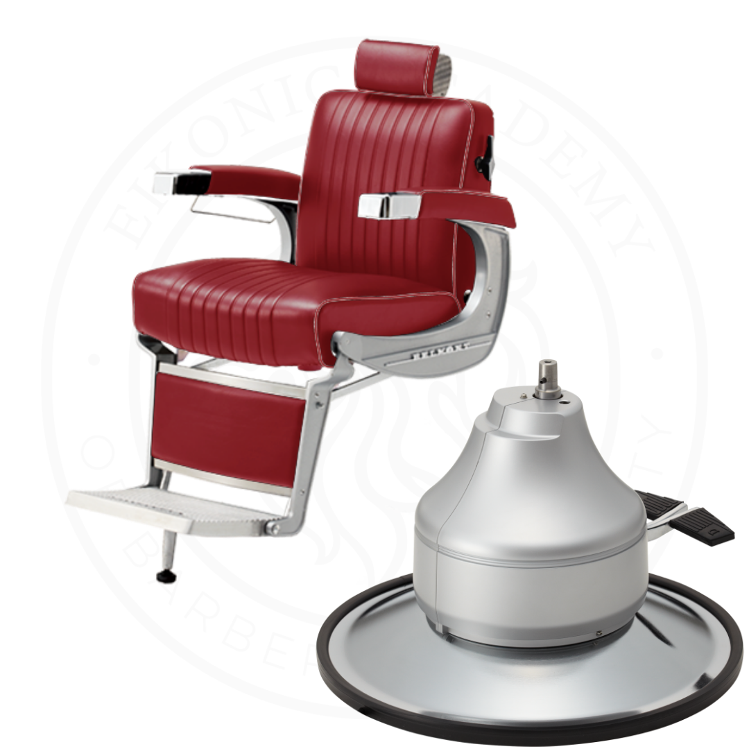 Takara Belmont Classic Barber Chair 225 with Motorized Electric Silver Base MES