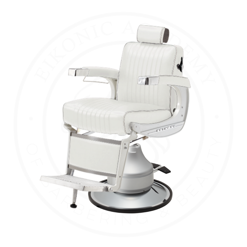 Takara Belmont Classic Elite White Barber Chair 225EW with Motorized Electric Silver MES Base